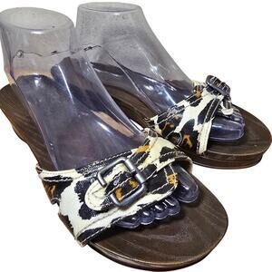 Dr Scholls Sandals Womens 10 Wooden Slide Flats Buckle Comfort Beige Slip On LN